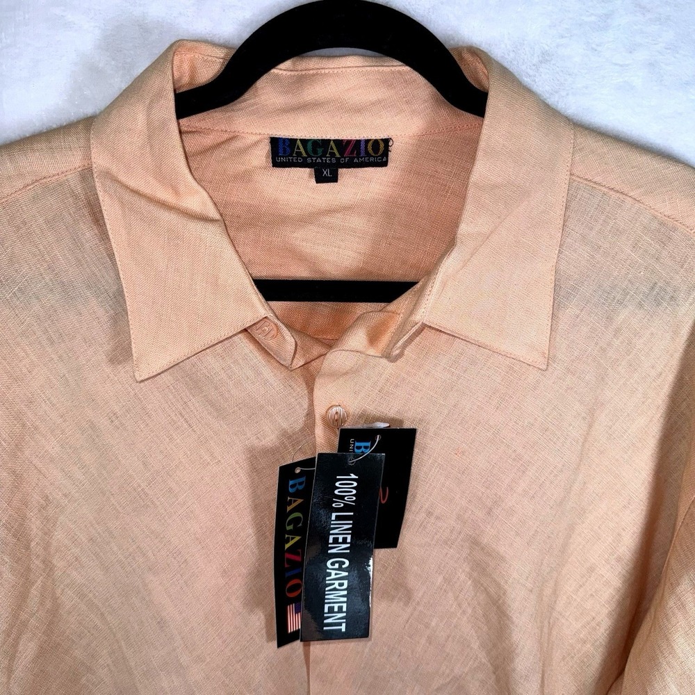 Bagazio Mens 100% Linen Shirt XL Melon Orange Long Sleeve Button Down BM718‎ NWT